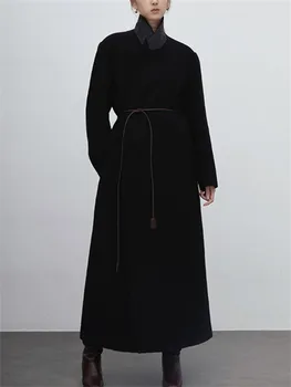 Женское шерстяное длинное пальто на осень/зиму 2023 года, Новые женские топы с зубчатым длинным рукавом средней длины