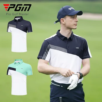 Мужская футболка для гольфа PGM с коротким рукавом, мужские дышащие топы в стиле пэчворк, быстросохнущая рубашка-поло с отложным воротником, повседневная блузка для гольфа