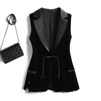Черный бархатный жилет, куртка для женщин, блейзер без рукавов, Модный Весенне-осенний костюм 2023, майка, ретро-жилет Z2338