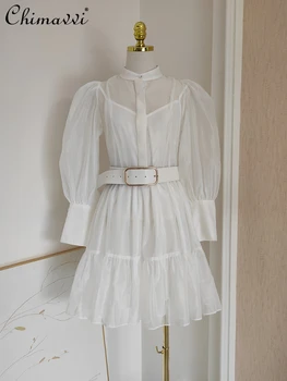Белое платье во французском стиле с пышными рукавами для женщин, осень 2023, гофрированный пояс, узкая талия, Прозрачное облегающее платье-рубашка в стиле пэчворк