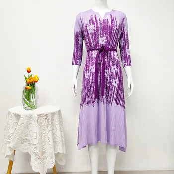 Новое весенне-осеннее французское плиссированное платье Miyake с длинным рукавом и принтом, модное повседневное платье в складку небольшого размера