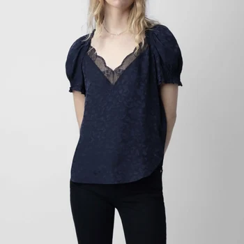 Женская рубашка ZESSAM с леопардовым графическим принтом, V-образный вырез, пуловер с коротким рукавом и рюшами, Винтажный Классический Повседневный женский топ 2023