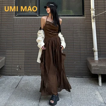 Элегантное французское платье UMI MAO Slim Fit, Новинка лета 2023, подвесной ремешок на шее, плиссированные женские винтажные платья без рукавов Femme Y2K