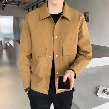 Городская мода, приталенная мужская рубашка с отворотом, молодежная популярная весенне-осенняя однобортная простая куртка в корейском стиле