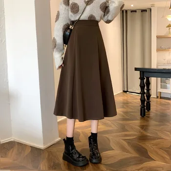 Женская шерстяная юбка HOUZHOU 2023, осень-зима, Винтажная элегантная юбка Миди с высокой талией, однотонная Свободная юбка трапециевидной формы в корейском стиле, повседневная