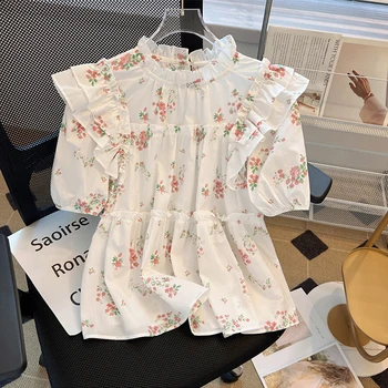 Шикарная Корейская пышная блузка с коротким рукавом и оборками, Женская весенне-летняя белая рубашка, Винтажные Свободные Милые топы