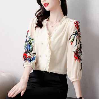 Корейские шелковые рубашки, Летняя Новая мода, Топы из шелка Тутового цвета большого размера, рубашка с цветочным принтом Для женщин