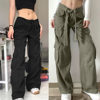 Новые брюки-карго, женская рабочая одежда в стиле ретро, Мешковатые прямые брюки с широкими карманами на штанинах, брюки-джоггеры, уличная одежда Y2k, брюки-парашюты