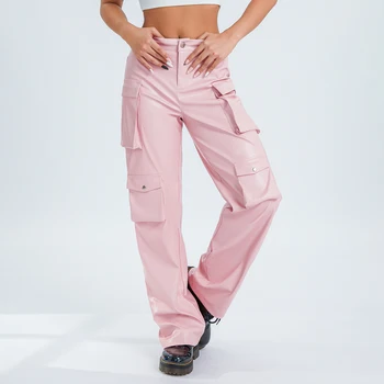 Мешковатые женские брюки-карго из искусственной кожи, однотонные брюки с прямыми штанинами из искусственной кожи с высокой талией, с карманами, уличная одежда в стиле гранж
