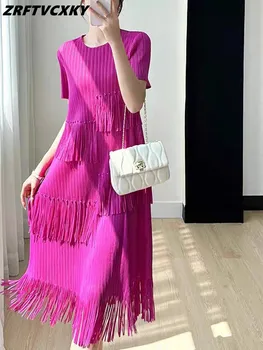 Модные плиссированные дизайнерские роскошные платья с кисточками Для женщин, летние Свободные однотонные платья Миди с коротким рукавом, Vestidos