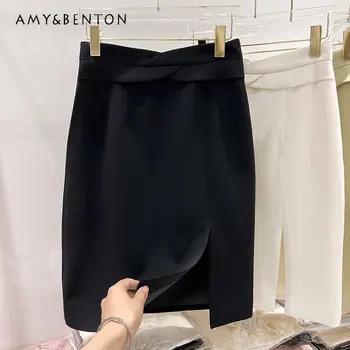 2023 Новая Корейская Темпераментная юбка для похудения с высокой талией, Сшитая с разрезом по низу, Однотонная Летняя юбка для костюма средней длины