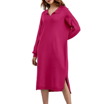 Женская однотонная трикотажная юбка с длинным рукавом и отворотом по низу, свободная версия трикотажного повседневного платья с широким подолом