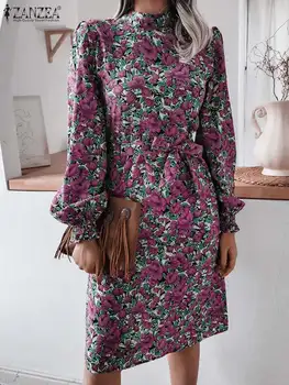 2023 ZANZEA Осеннее винтажное платье с цветочным принтом, Женский элегантный офисный сарафан OL, Модные вечерние платья с длинным рукавом, оверсайз
