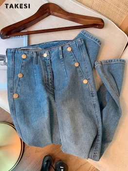 Синие винтажные укороченные джинсовые брюки с высокой талией и прямыми штанинами 2023, Осенние женские джинсовые брюки Mom Fit на пуговицах спереди, Y2K