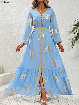 Арабское длинное платье Siskakia для женщин, Ближний Восток, Дубай, Модная лента с золотым тиснением, V-образный вырез, длинный рукав, Марокканская индейка, Абайя