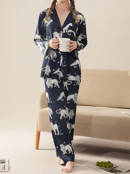 Пижамный комплект для женщин, в котором комфортно дома, с длинным рукавом и брюками, шелковая текстура, атласная пижама со звездным львом, пижамный комплект нижнего белья