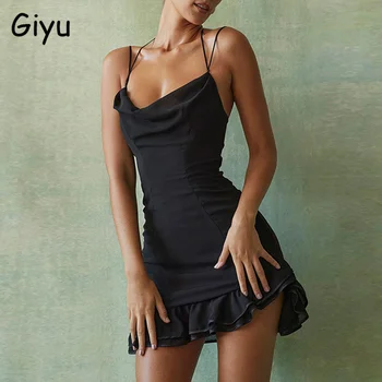 Giyu Сексуальное мини-платье с рюшами Для женщин 2023, летние облегающие платья для клубных вечеринок с открытой спиной, Элегантная Черная мантия без рукавов