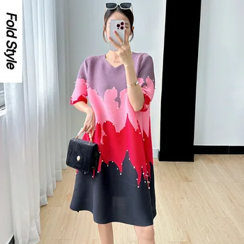 Женское платье Miyake Женское лето 2023, новая мода, тренд печати, Темперамент, Цветная блокировка, длинная юбка из бисера