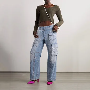 Персонализированная рабочая одежда с перфорацией, прямые джинсы-бочонки для женщин, новая уличная мода INS American Heavy Industry Wash 202 Осень
