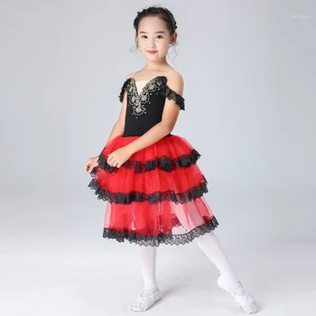 Сценическая одежда, черно-красный балетный костюм из тюля, женское испанское платье для взрослых девочек, детская танцевальная Романтическая пачка