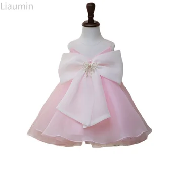 Розовое платье в цветочек для девочек, расшитое бисером с бантом, Бальное платье из тюля длиной до колен, простая однотонная детская юбка принцессы ручной работы