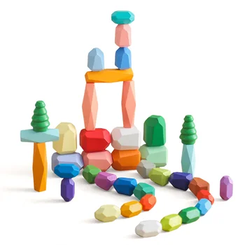 Деревянный строительный блок Цветной камень Детская развивающая игрушка Монтессори в скандинавском стиле Игра в штабелирование Радужный камень Деревянная игрушка