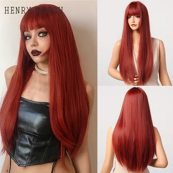Красно-оранжевые синтетические парики ГЕНРИ МАРГУ, длинные прямые парики Косплей-Лолиты с челкой для чернокожих женщин из высокотемпературного волокна