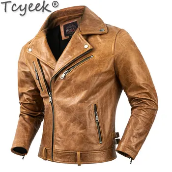 Tcyeek 23 Мужская мотоциклетная куртка Масло Воск Желтый Верхний слой пальто из воловьей кожи Тонкая винтажная куртка из натуральной кожи Модная мужская одежда