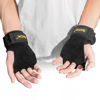 Перчатки для спортзала из воловьей кожи, тяжелая атлетика, Защита ладони для тренировки трех пальцев, Гимнастические захваты для подтягиваний, гири, тренировки