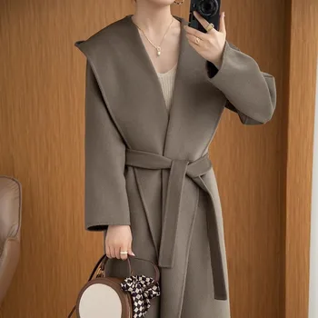 2023 Осенне-зимнее шерстяное пальто с капюшоном, Женское пальто средней длины на шнуровке, Корейская свободная Тонкая двусторонняя шерстяная куртка, женская куртка H3075