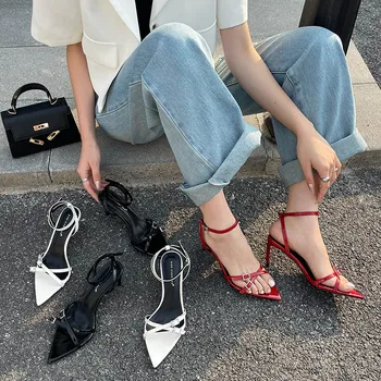 2023 Летние Новые Роскошные женские туфли на высоком каблуке 8 см с острым носком в западном стиле, Элегантные женские босоножки на шпильке черного и белого цвета