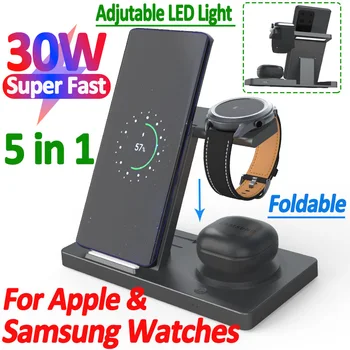 Беспроводная Зарядная Подставка 30 Вт 5 в 1 Для iPhone 14 13 12 11 Apple Samsung Watch Airpods iWatch Складная Док-станция Для Быстрой Зарядки