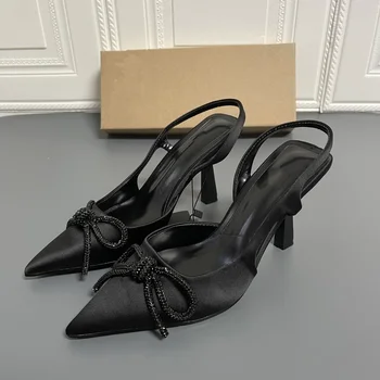Женский тканевый бант с острым носком, черный универсальный ремешок сзади, вечерние босоножки на высоком каблуке-шпильке, Женская обувь со стразами, 2023 г.