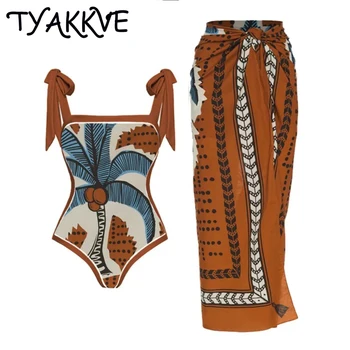 TYAKKVE Новинка 2023, цельный купальник, женская накидка, комплект бикини с повязкой, юбка, купальники с бандажным принтом, пляжное платье, купальный костюм