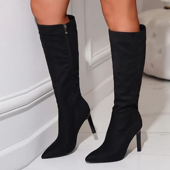 Осенне-зимние Модные Черные Женские сапоги до колена, Пикантные женские вечерние туфли на шпильке с острым носком, размер 35-42