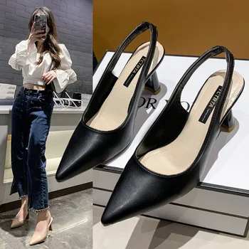Baotou/ босоножки с открытой спиной на высоком каблуке, женские босоножки на толстом каблуке, новинка весны 2023 года, тонкие туфли с острым носком, черные рабочие туфли на высоком каблуке