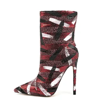 Arden Furtado/ Весенние короткие сапоги с каракулями, на шпильке с острым носком, пикантные модные ботинки с блестками и боковой молнией, очень большой размер 46