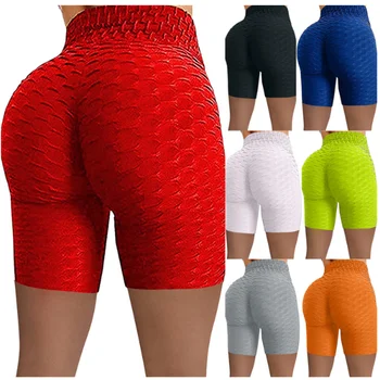 Женские шорты для йоги, высокая талия, ягодицы, спорт, фитнес, жаккардовые штаны для йоги с пузырями, однотонные сексуальные шорты с пятью точками резинки.