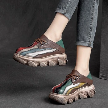 Разноцветные туфли-лодочки в стиле ретро, женская обувь из натуральной кожи, новинка 2023 года, весенняя обувь ручной работы на платформе Lesiure с круглым носком на шнуровке