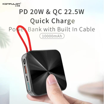 Power Bank 10000 мАч Быстрая зарядка 22,5 Вт Мини портативный внешний запасной аккумулятор Powerbank Встроенный кабель для iPhone 13 Xiaomi 12