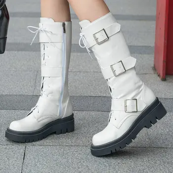 Панк-готический ремень с металлической пряжкой, женская дизайнерская зимняя теплая обувь на плоской платформе с круглым носком, походные ботинки для верховой езды на шнуровке до середины икры