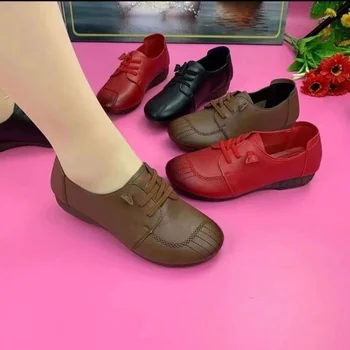 Женская повседневная обувь; Новинка весны 2023 года; Винтажные нескользящие женские туфли-оксфорды на плоской подошве со шнуровкой; Женские тонкие туфли из мягкой кожи;