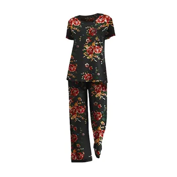 Женский топ с цветочным узором, брюки с короткими рукавами, домашний костюм, пижама для женщин, комплект флисовых пижамных брюк