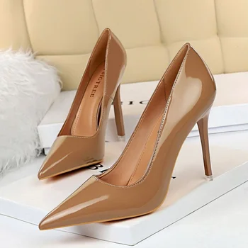 Осенняя лаконичная женская обувь из лакированной кожи, офисные туфли-лодочки на высоком каблуке с острым носком, женские пикантные вечерние свадебные туфли, Мелкий красный цвет