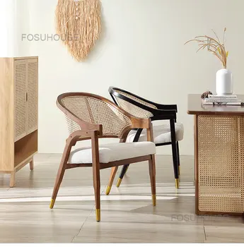 Обеденный стул Nordic, Мягкое кресло для кафе, кресло для отдыха из ротанга из массива дерева, дизайнерский одноместный стул из ротанга, диван-кресло