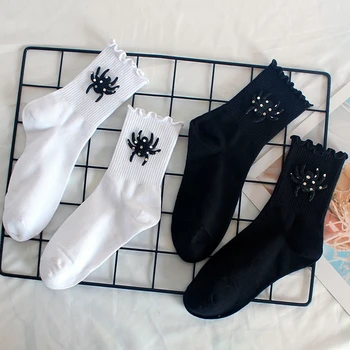 Женские носки с оборками, верхняя одежда ins, черные белые носки с пауками, Забавные носки, носки Kawaii, милые вещи в корейском стиле, Гьяру, Японская мода