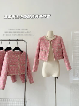 2023 Новая модная Милая Женская розовая верхняя одежда для официальных мероприятий, осень-зима, теплое пальто с круглым вырезом и пуговицами, корейские офисные дамы