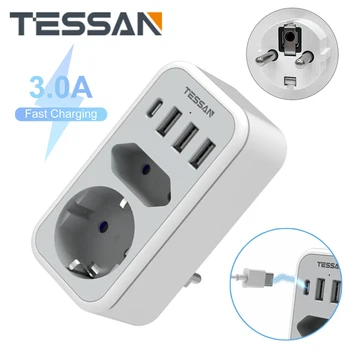 Адаптер Питания TESSAN EU Multi Plug с 2 Розетками Переменного Тока, 3 Портами USB и 1 Штекером Type C, 6 В 1 Розетке, Удлинитель для Домашнего Офиса