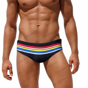 Летние мужские купальники в радужную полоску, сексуальные плавательные трусы-вкладыши с низкой талией, высококачественные мужские спортивные пляжные быстросохнущие купальные костюмы