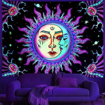 Солнце и Луна Blacklight Гобелен УФ-Реактивный Психоделический Гобелен Эстетичный Настенный Гобелен Неоновый декор для дома в общежитии